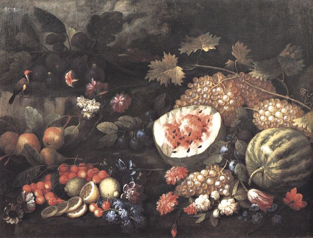 Anonimo — Bimbi Bartolomeo - sec. XVII/ XVIII - Natura morta con frutta, fiori e uccello — insieme